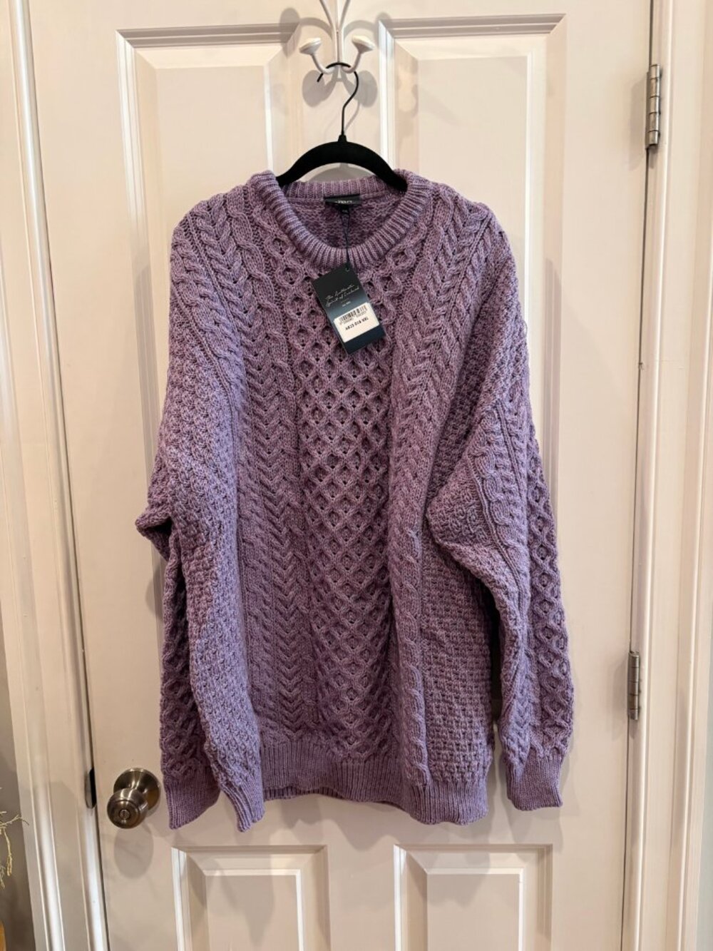 Aran Woollen Mills Merino Wool Sweater Lilac Cable Knit XXL Made in Ireland NWT